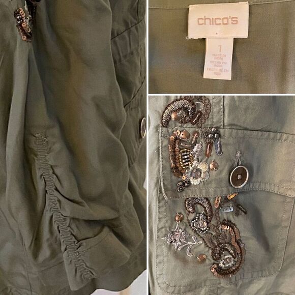 Chico's Lightweight Olive Utility Jacket with Embroidery, Beading & Sequins Size - Picture 5 of 5